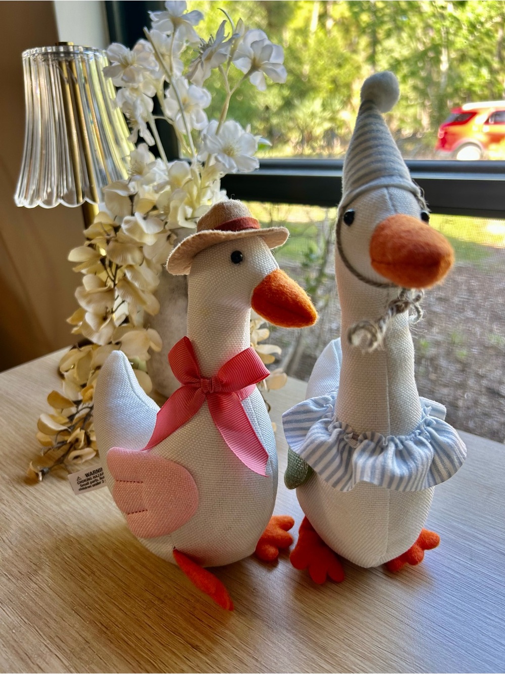 Target Plush White Geese Pair with Pink + Blue Accents and Orange Beaks